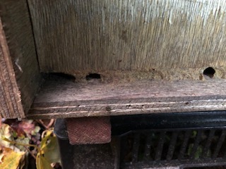 Detail van de kast met 2 van de 3<br />doorgangen in de propolis.<br />Fotograaf Marten Wedde bedankt voor<br />de moeilijke actie.